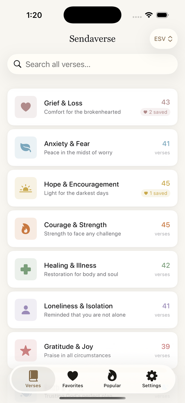 Sendaverse home screen showing verse categories